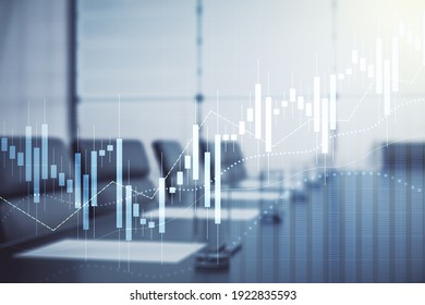 Multi Exposure Of Abstract Virtual Financial Graph Hologram On A Modern Conference Room Background, Forex And Investment Concept