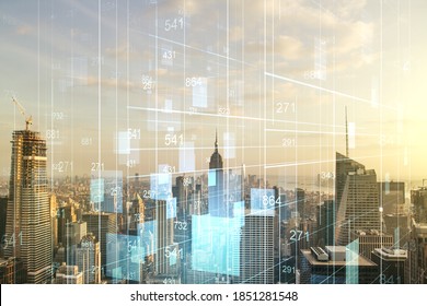 Multi Exposure Of Abstract Virtual Graphic Data Spreadsheet Sketch On Manhattan Cityscape Background, Analytics And Analysis Concept