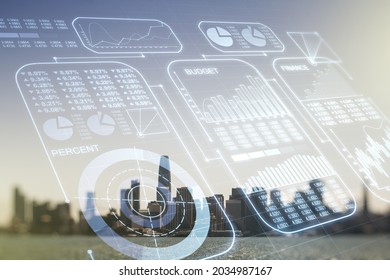 Multi exposure of abstract virtual graphic data spreadsheet sketch on San Francisco cityscape background, analytics and analysis concept