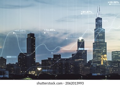 Multi Exposure Of Abstract Virtual Graphic Data Spreadsheet Sketch On Chicago Cityscape Background, Analytics And Analysis Concept