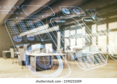 Multi exposure of abstract virtual graphic data spreadsheet sketch on a modern furnished classroom background, analytics and analysis concept