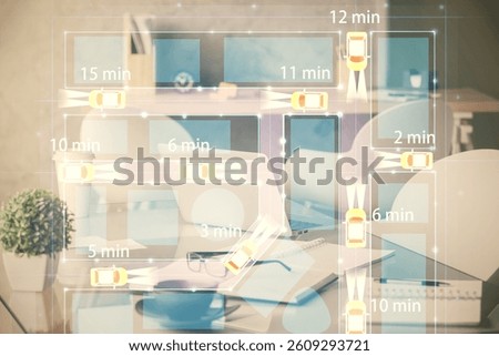 Multi exposure of auto pilot theme drawings and office interior background. Ai concept.