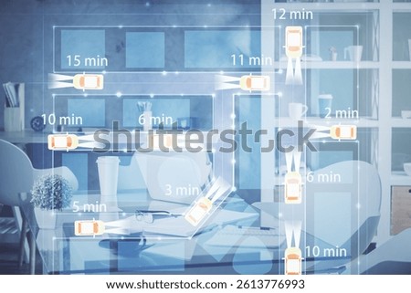 Multi exposure of auto pilot theme drawings and office interior background. Ai concept.