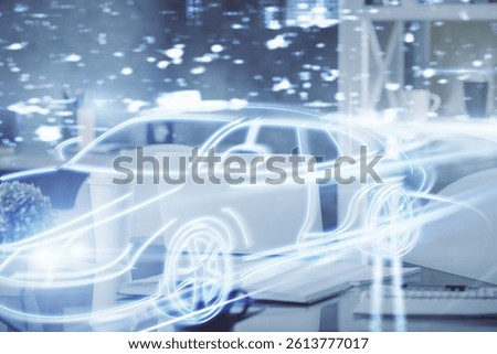 Multi exposure of auto pilot theme drawings and office interior background. Ai concept.