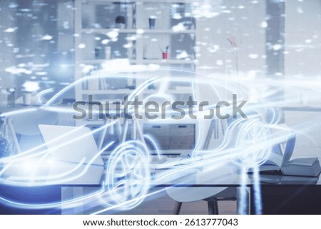 Multi exposure of auto pilot theme drawings and office interior background. Ai concept.