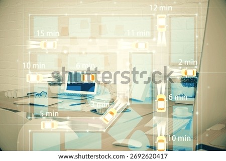 Multi exposure of auto pilot theme drawings and office interior background. Ai concept.