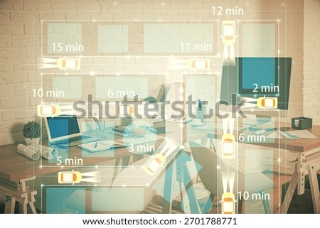 Multi exposure of auto pilot theme drawings and office interior background. Ai concept.