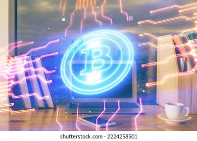 Multi exposure of blockchain theme hologram and table with computer background. Concept of bitcoin crypto currency.