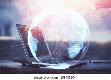 Multi exposure of business theme icons and work space with computer background. Concept of success. - Shutterstock ID 1594088044