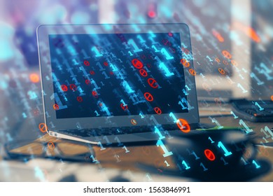 Multi exposure of computer on background and technology theme drawing. Concept of innovation.