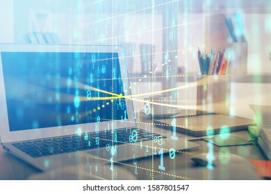 Multi exposure of computer on background and technology theme drawing. Concept of innovation.