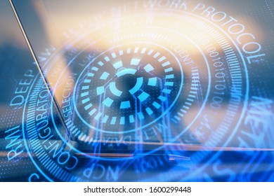 Multi exposure of computer on background and technology theme drawing. Concept of innovation.