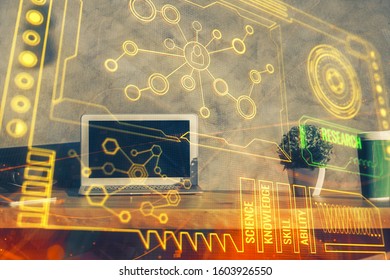 Multi exposure of computer on background and technology theme drawing. Concept of innovation.