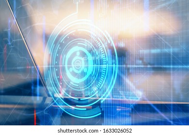 Multi exposure of computer on background and technology theme drawing. Concept of innovation.