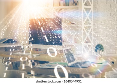 Multi exposure of computer on background and technology theme drawing. Concept of innovation.