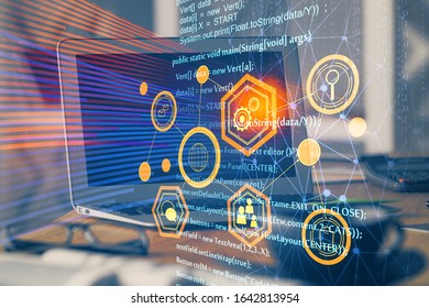 Multi exposure of computer on background and technology theme drawing. Concept of innovation.