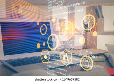 Multi exposure of computer on background and technology theme drawing. Concept of innovation.