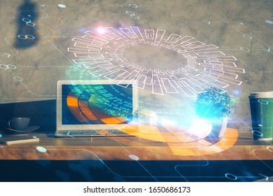 Multi exposure of computer on background and technology theme drawing. Concept of innovation.
