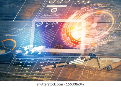 Multi exposure of computer on background and technology theme drawing. Concept of innovation.