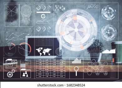 Multi exposure of computer on background and technology theme drawing. Concept of innovation.