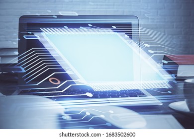 Multi exposure of computer on background and technology theme drawing. Concept of innovation.
