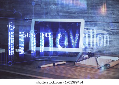 Multi exposure of computer on background and technology theme drawing. Concept of innovation.
