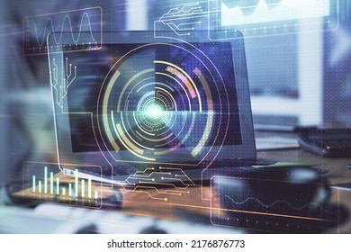 Multi exposure of computer on background and technology theme drawing. Concept of innovation.