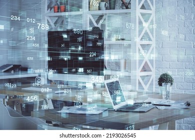 Multi exposure of computer on background and technology theme drawing. Concept of innovation.