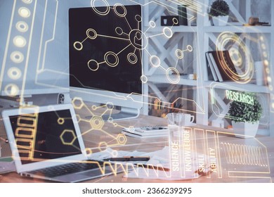 Multi exposure of computer on background and technology theme drawing. Concept of innovation.