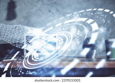 Multi exposure of computer on background and technology theme drawing. Concept of innovation.
