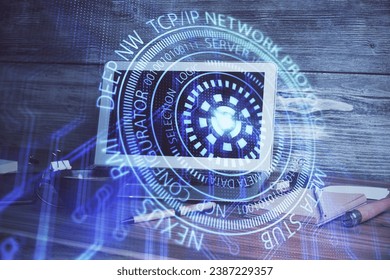 Multi exposure of computer on background and technology theme drawing. Concept of innovation.