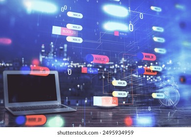 Multi exposure of computer on background and technology theme drawing. Concept of innovation.