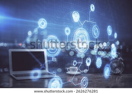 Multi exposure of computer on background and technology theme drawing. Concept of innovation.
