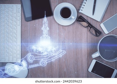 Multi exposure of creative drawing over table with phone. Top view. Concept of startup.