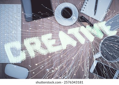 Multi exposure of creative drawing over table with phone. Top view. Concept of startup.