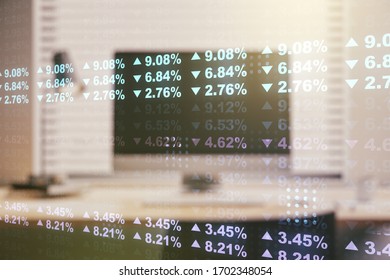 Multi exposure of creative statistics data hologram on laptop background, stats and analytics concept