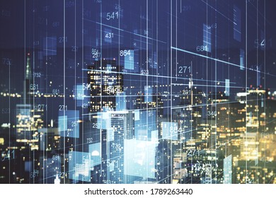 Multi exposure of creative statistics data hologram on San Francisco skyscrapers background, stats and analytics concept