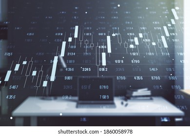 Multi exposure of creative statistics data hologram and modern desktop with laptop on background, stats and analytics concept