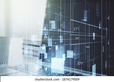 Multi exposure of creative statistics data hologram on laptop background, stats and analytics concept