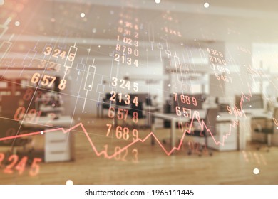 Multi exposure of creative statistics data hologram on modern corporate office background, stats and analytics concept
