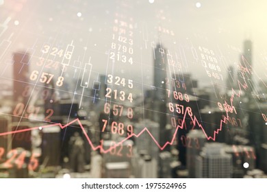 Multi exposure of creative statistics data hologram on blurry cityscape background, stats and analytics concept