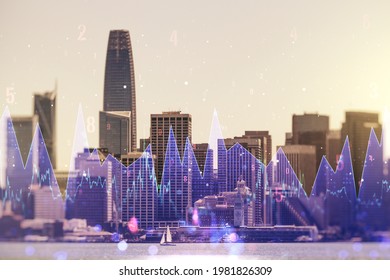 Multi exposure of creative statistics data hologram on San Francisco skyscrapers background, stats and analytics concept