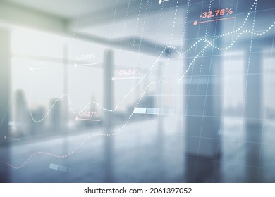 Multi exposure of creative statistics data hologram on empty modern office background, stats and analytics concept