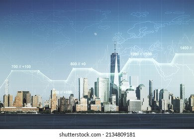 Multi exposure of creative statistics data hologram on New York city skyscrapers background, stats and analytics concept
