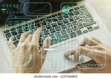 Multi exposure of creative statistics data hologram with hands typing on computer keyboard on background, stats and analytics concept