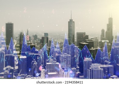 Multi exposure of creative statistics data hologram on Chicago skyscrapers background, stats and analytics concept