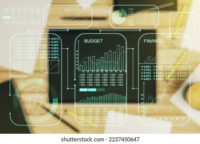 Multi exposure of creative statistics data hologram and digital tablet on background, top view, stats and analytics concept