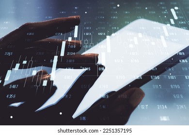 Multi exposure of creative statistics data hologram with finger presses on a digital tablet on background, stats and analytics concept