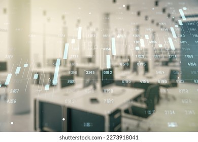Multi exposure of creative statistics data hologram on modern corporate office background, stats and analytics concept