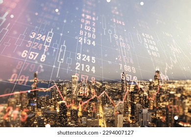 Multi exposure of creative statistics data hologram on Chicago skyscrapers background, stats and analytics concept